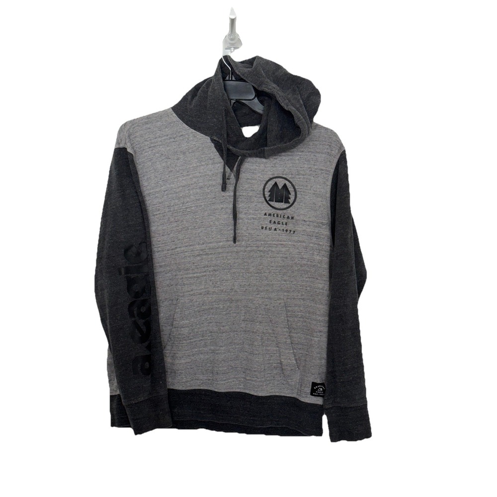 American Eagle Pullover Hoodie Mens M, Grey, 100% Cotton, Logo Distressed Y2K